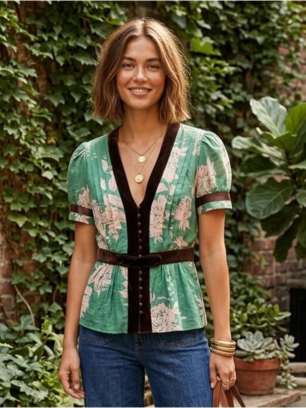 Harkham Anthropologie Floral Green and Brown Silk Top Vintage